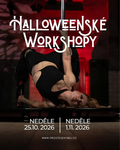 Halloweenské workshopy 25. 10. a 1. 11. 2026 – tanečnice na tyči v temném halloweenském světle ve studiu Prostě se hýbej, Opava.