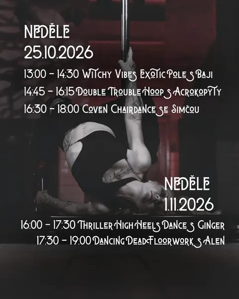 Program halloweenských workshopů – neděle 25. 10. a 1. 11. 2026, exotic pole, hoop, chairdance, high heels a floorwork ve studiu Prostě se hýbej, Opava.