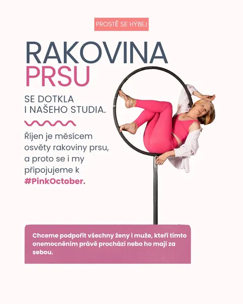 Rakovina prsu se dotkla i našeho studia – lektorka v růžovém na vzdušném kruhu ve studiu Prostě se hýbej, Opava.